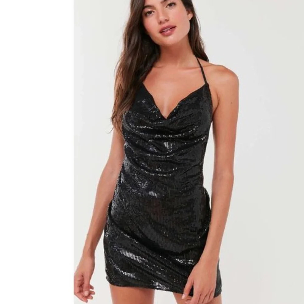 New* Lioness Black Sequin Halter Dress